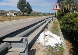 El jabalí, cubierto con cal, junto a la carretera, momentos antes de ser retirado.