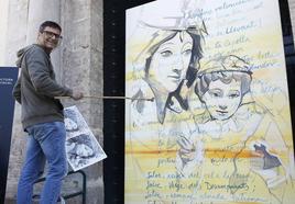 Luis Lonjedo, esta mañana en la puerta de la Basílica ante el lienzo de la Mare de Déu.