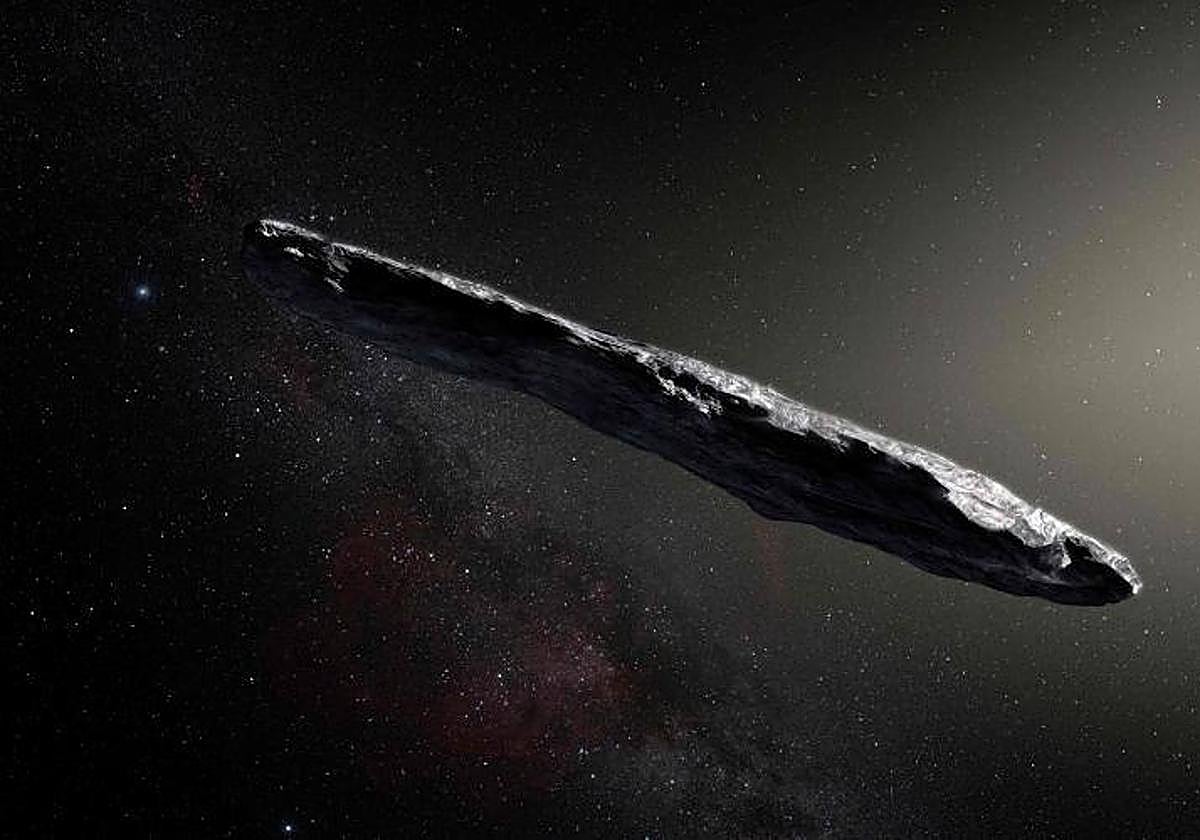 La imagen publicada por el Observatorio Europeo Australen 2017 muestra la impresión de un artista del primer asteroide interestelar, llamado Oumuamua.