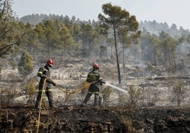 Unos bomberos trabajan en la extinción del incendio.