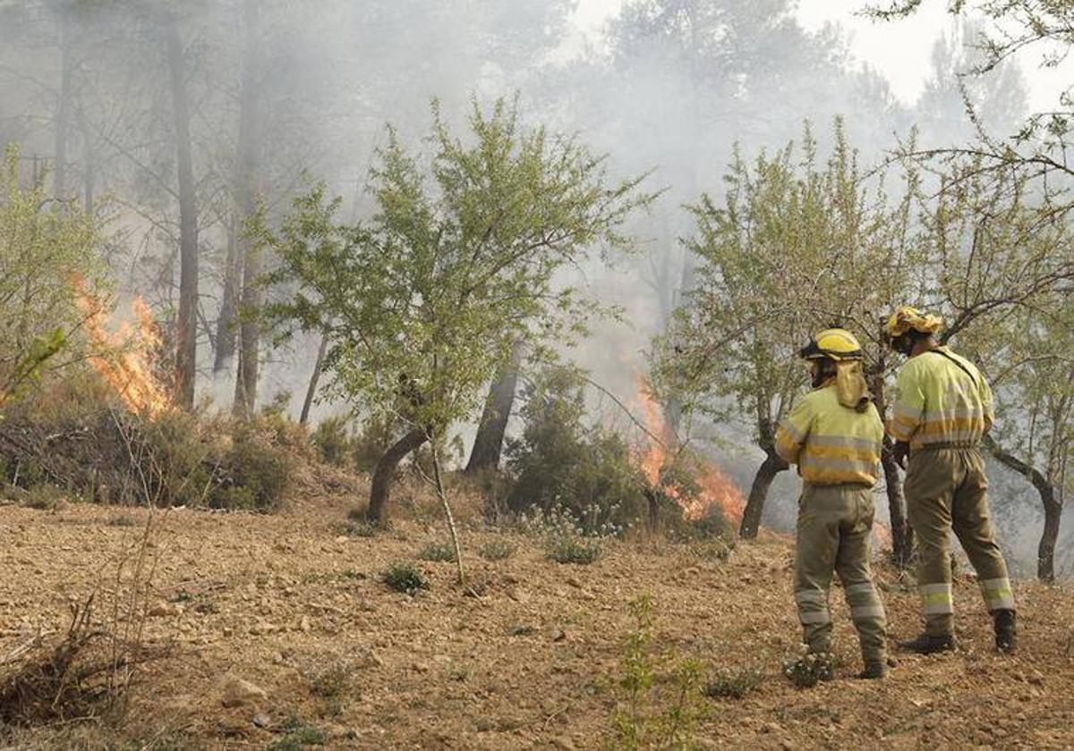 Bomberos apagan el fuego en Montán.