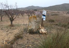 Este mojón, en medio de un campo de almendros, marca en triángulo fronterizo de la Comunitat Valenciana, la Región de Murcia y Castilla-La Mancha.