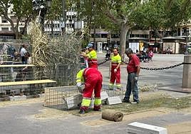 Un grupo de operarios retira los paneles de la plaza del Ayuntamiento de Valencia.