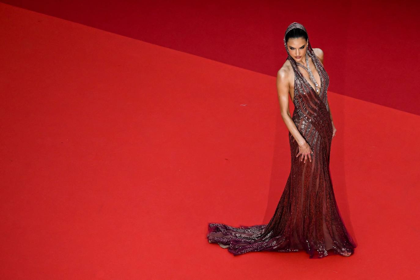 Alessandra Ambrosio tuvo un momento brillante en la alfombra roja. La ex ángel de Victoria's Secret lució un vestido con capucha de Elie Saab color burdeos transparente que presentaba un patrón lineal adornado con lentejuelas que se cruzaba a lo largo de la cintura y continuaba hasta el final de la cola. El vestido es vintage del año 2005.