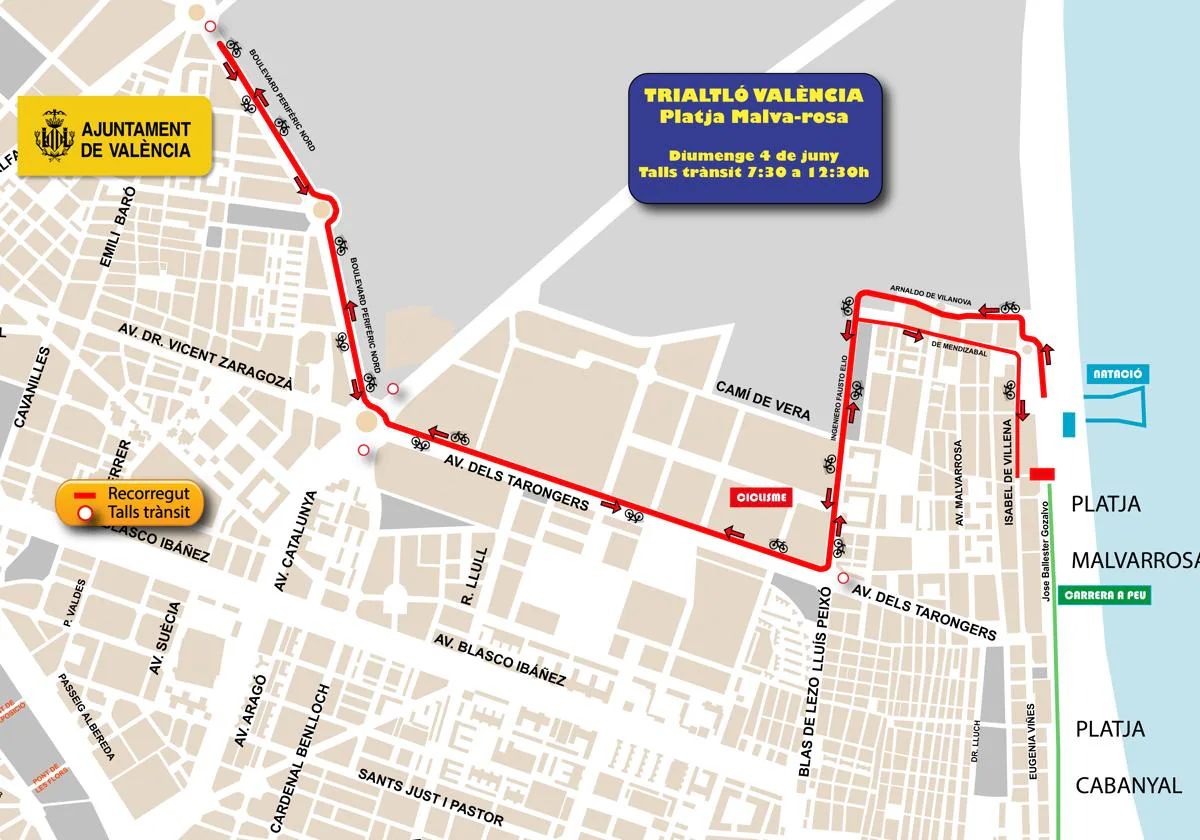 Calles cortadas en Valencia por el triatlón el domingo 4 de junio y dónde estará prohibido aparcar
