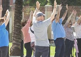 Unos mayores practicando deporte en un parque de Valencia.