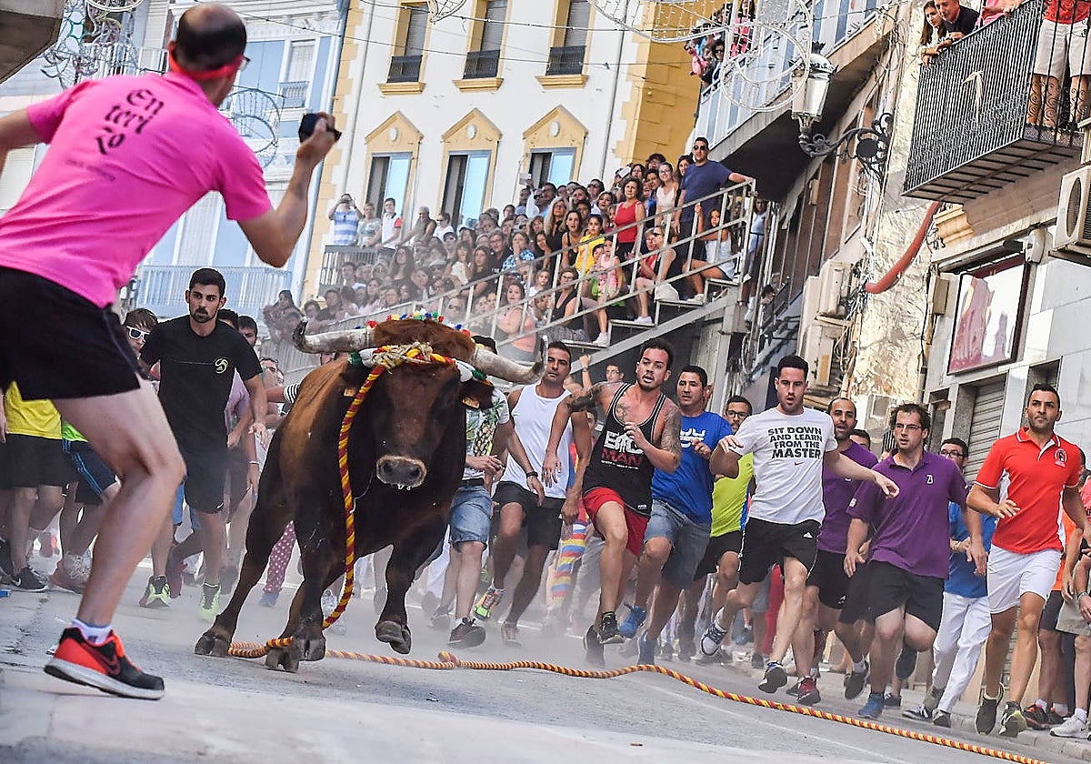 Los vecinos disfrutan del toro con cuerda en Chiva.