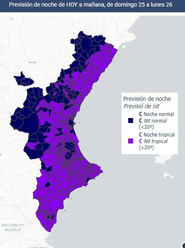 Mapa de alerta para la noche del domingo al lunes.