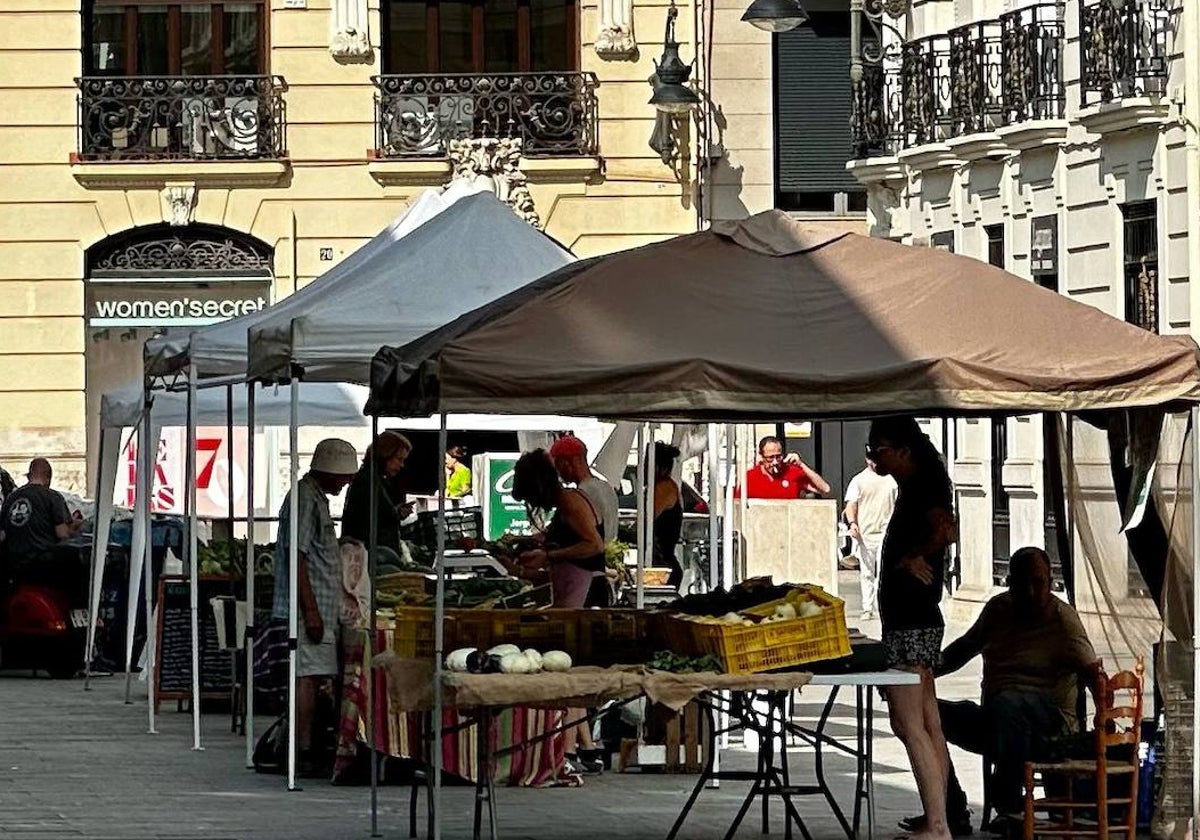 Únicos cuatro puestos de tira de contar extraordinarios instalados este martes junto al mercado de Colón.