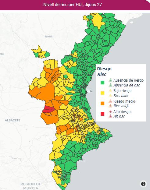 Mapa de la alerta por calor en la Comunitat del jueves 27 de julio.