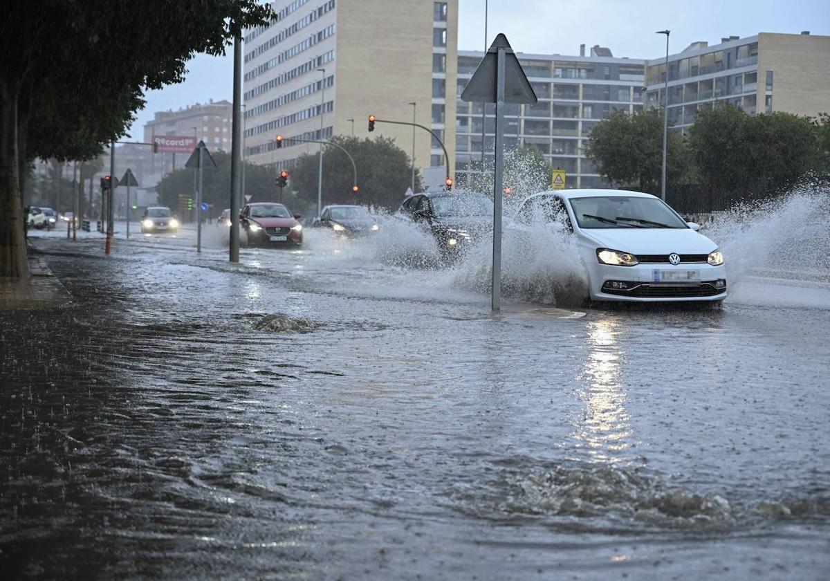 Varios vehículos circulan por Castellón con la vía visiblemente inundada, imagen de archivo.