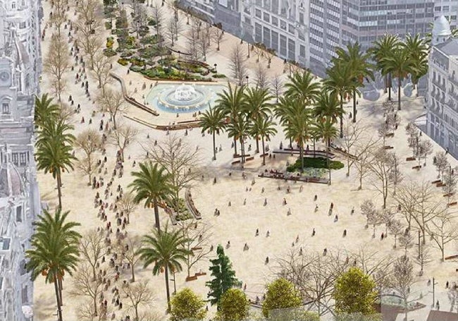 Recreación virtual del proyecto Re-natura, con la imagen que proyectan para la plaza del Ayuntamiento en invierno, con los árboles de hoja caduca.