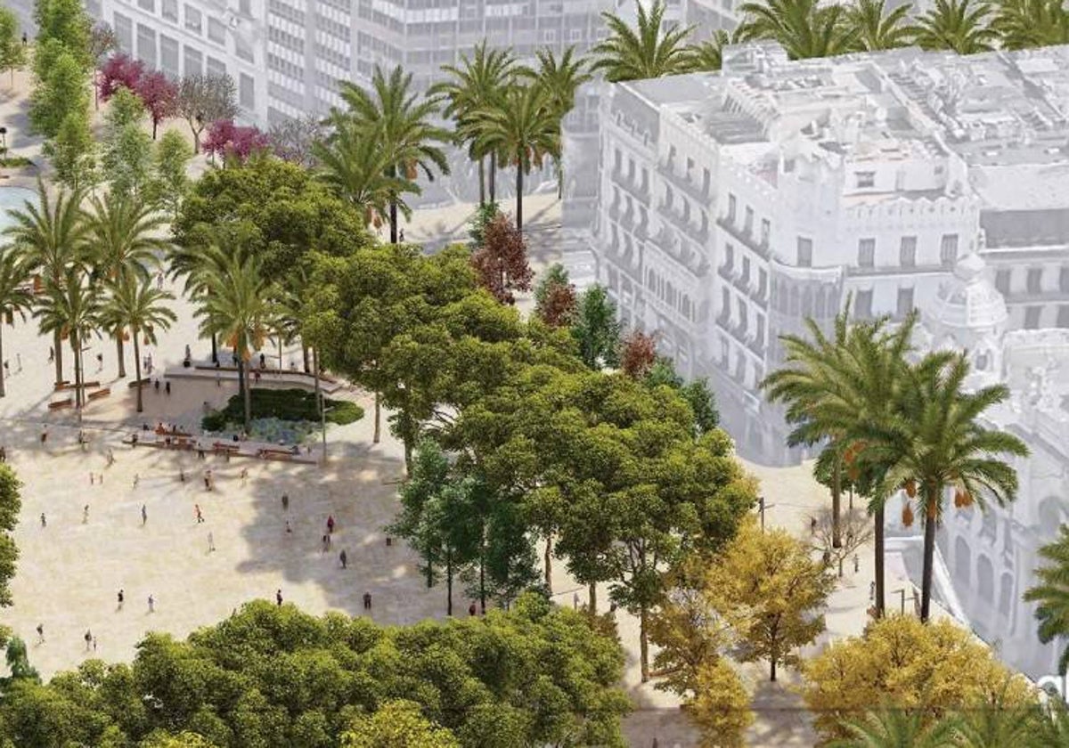 Imagen virtual del proyecto Re-natura para la plaza del Ayuntamiento, con los árboles de hoja caduca representados durante un verano.