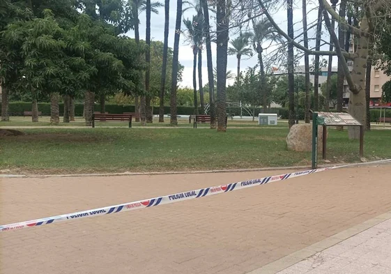 El parque de la plaza Jaume I, cerrado por el viento.