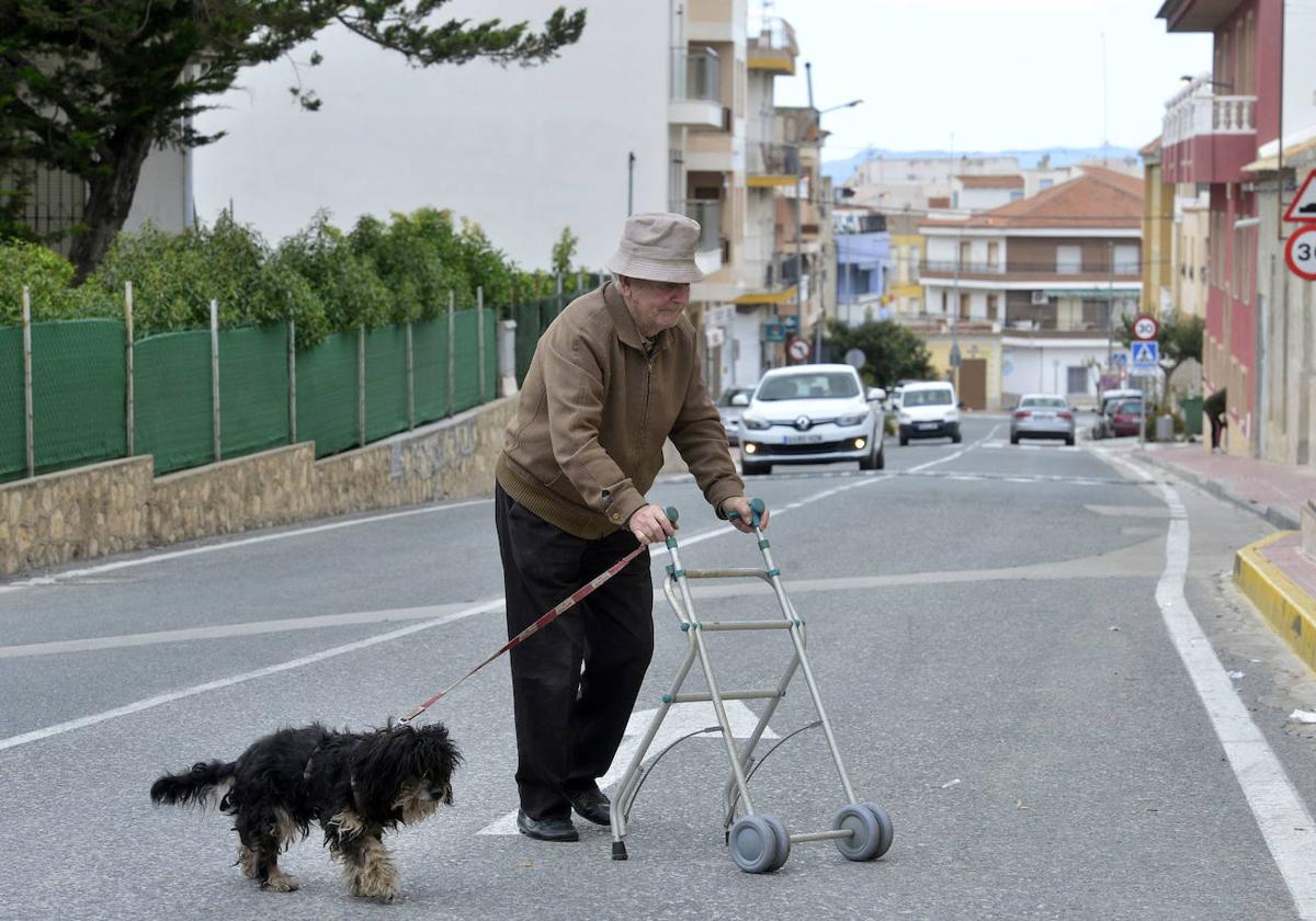 Un pensionista pasea junto a su perro.