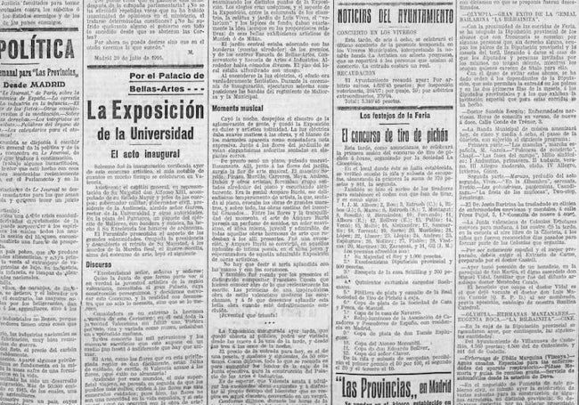 Página de LAS PROVINCIAS del 23 de julio de 1916 que da cuenta de la apertura de la exposición con el discurso de Sorolla.