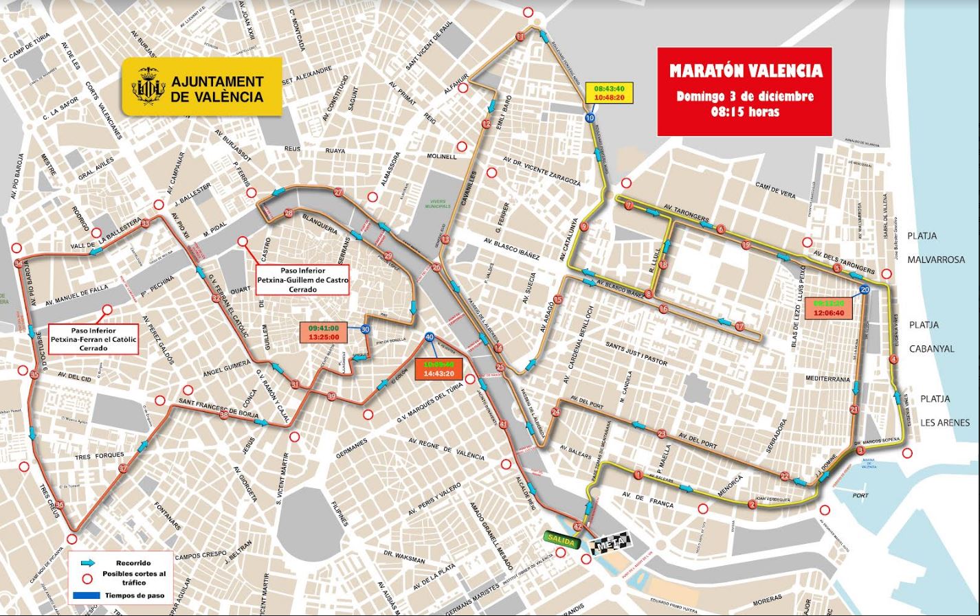 Plano del recorrido del Maratón de Valencia 2023.