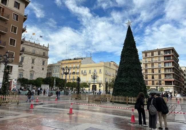 Montaje del árbol de Navidad de la Generalitat, en la plaza de la Virgen.