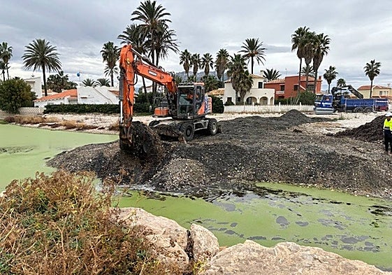 Los trabajos de Costas para retirar parte de la barrera en la desembocadura del Girona.