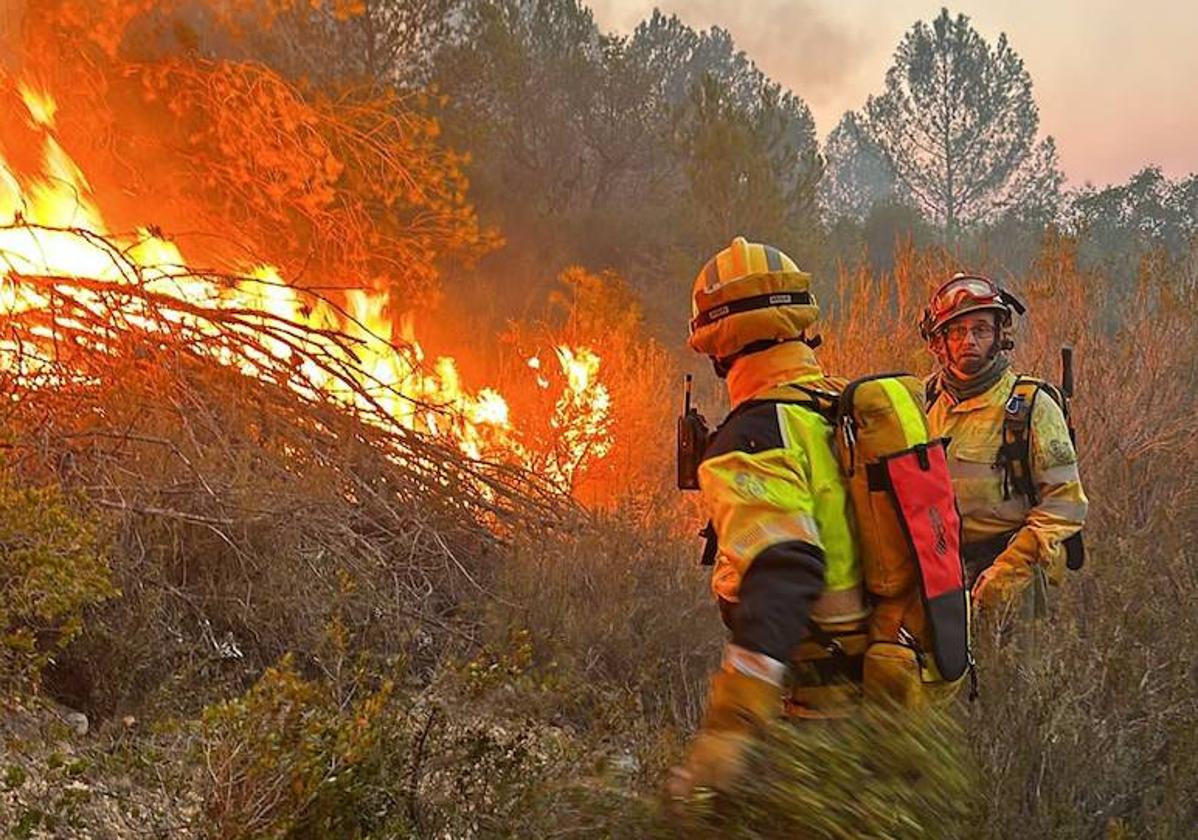 Dos bomberos trabajando en las labores de extinción.