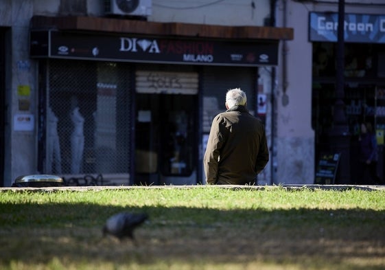 Una persona mayor pasea por un jardín en Valencia.