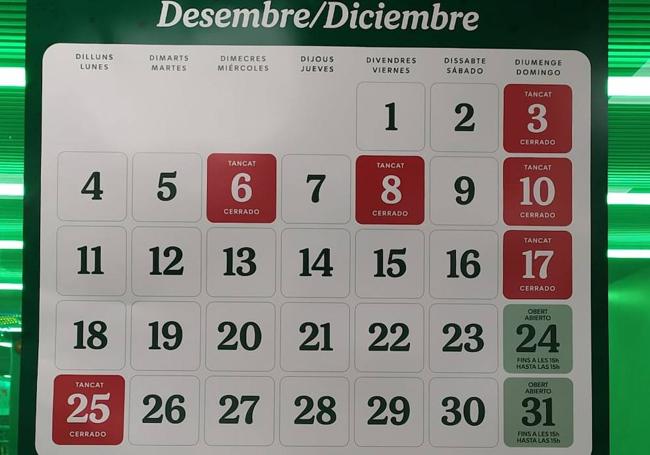 Fechas y horarios de apertura de Mercadona en diciembre.