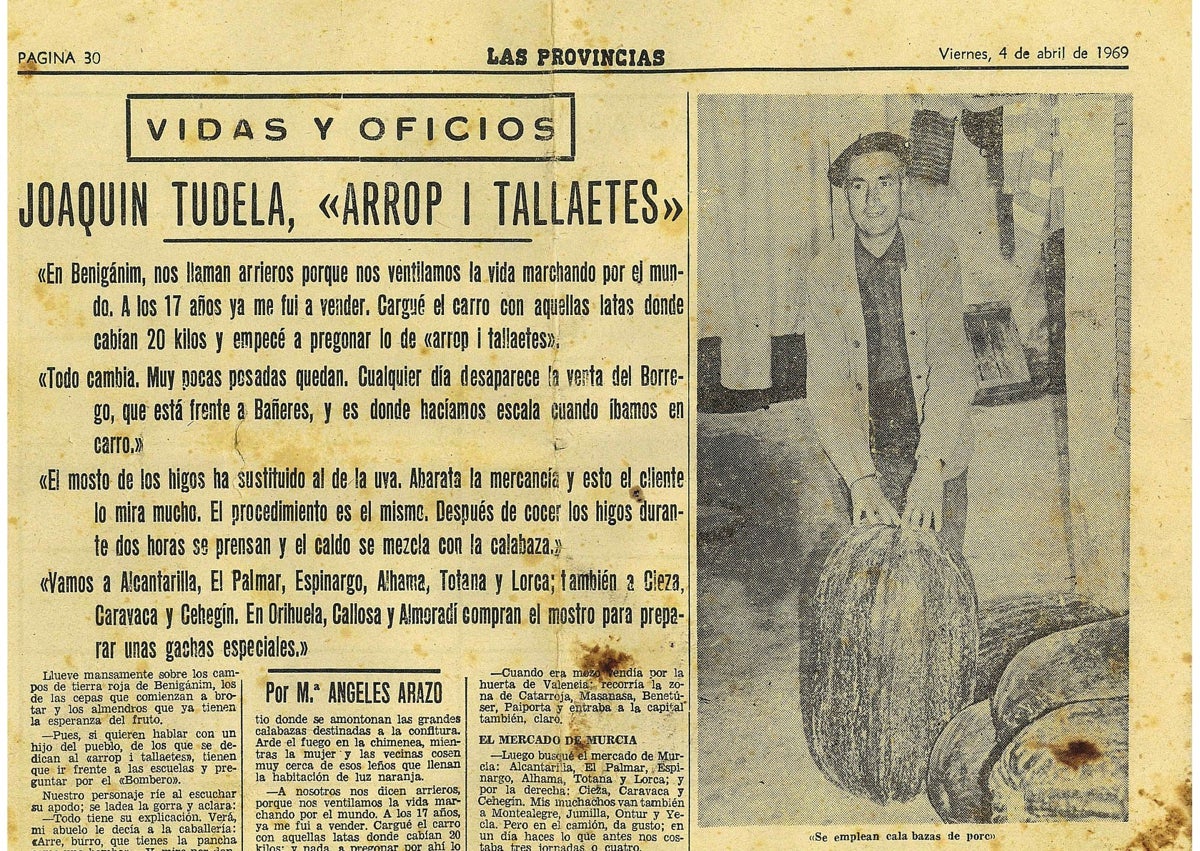 Imagen secundaria 1 - Arriba, uno de las tarrinas que se utilizaban para guardar el arrop; en el centro, recorte de un artículo de LAS PROVINCIAS del año 1969 sobre el oficio del arropero y sobre estas líneas uno de los últimos tarros en los que se ha comercializado.