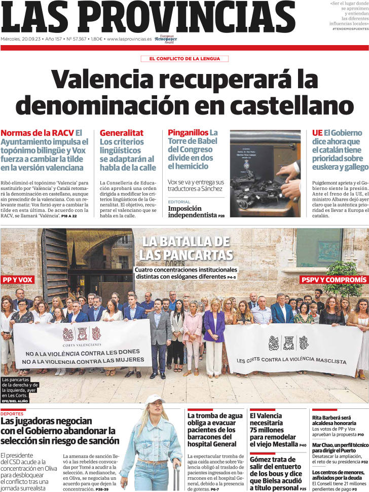 Portada de LAS PROVINCIAS publicada el 20 de septiembre de 2023