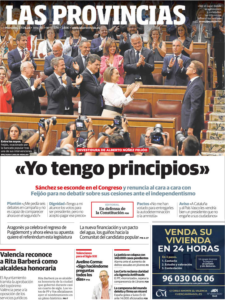 Portada de LAS PROVINCIAS publicada el 27 de septiembre de 2023