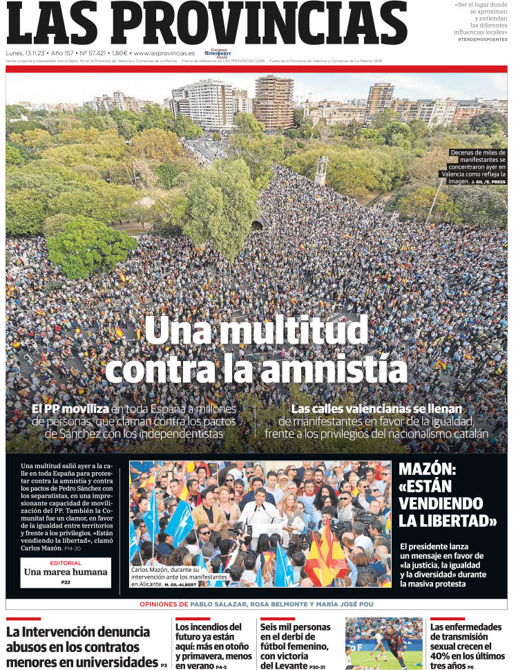 Portada de LAS PROVINCIAS publicada el 13 de noviembre de 2023