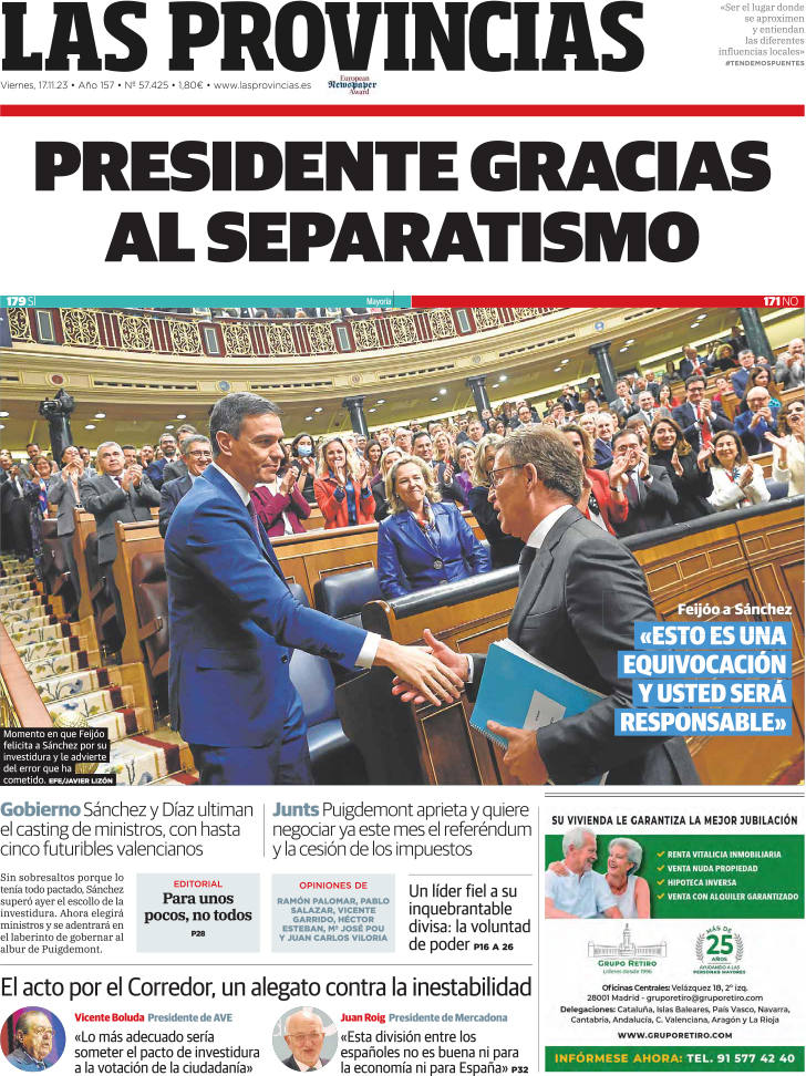 Portada de LAS PROVINCIAS publicada el 17 de noviembre de 2023