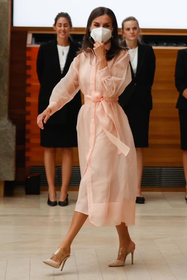 12.- Para acudir a la entrega de los Premios Nacionales de Cultura, la Reina escogió un vestido camisero clásico con transparencias y de color pastel.