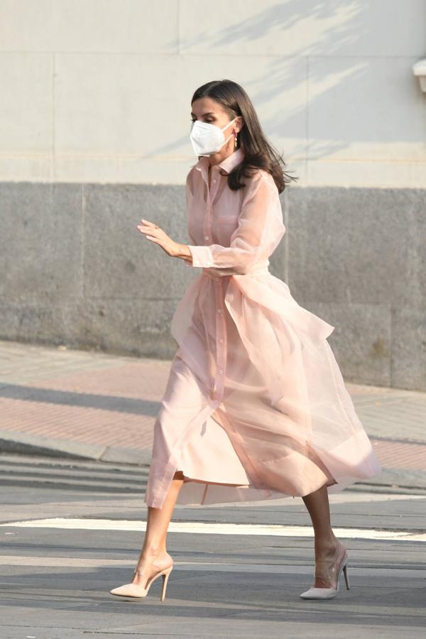 12.- Para acudir a la entrega de los Premios Nacionales de Cultura, la Reina escogió un vestido camisero clásico con transparencias y de color pastel.