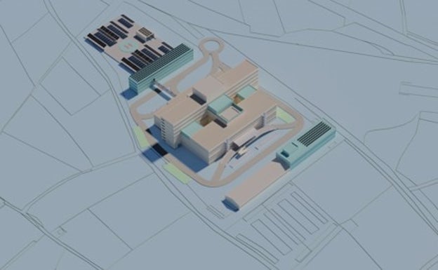 Maqueta de cómo quedará el Hospital tras la actuación y en azul los edificios de nueva construcción. 