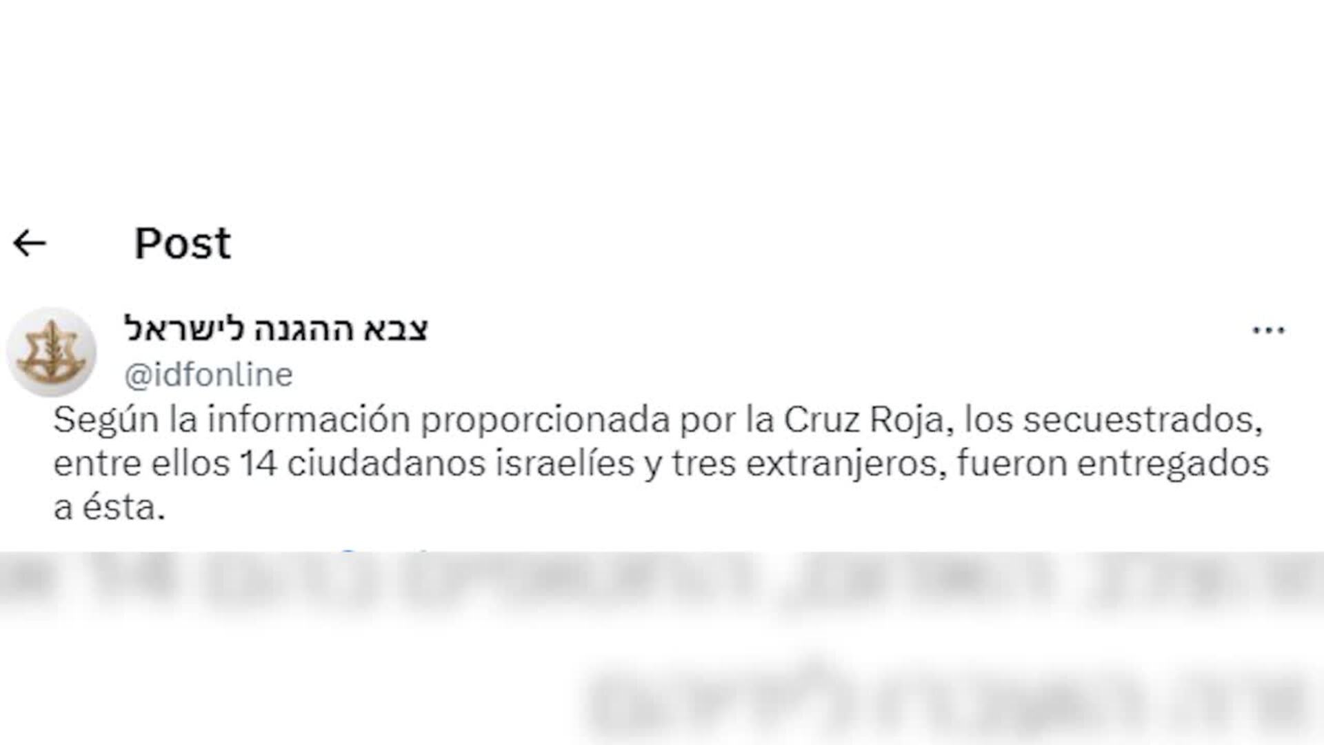 El Ejército israelí confirma la entrega a la Cruz Roja de 14 rehenes israelíes