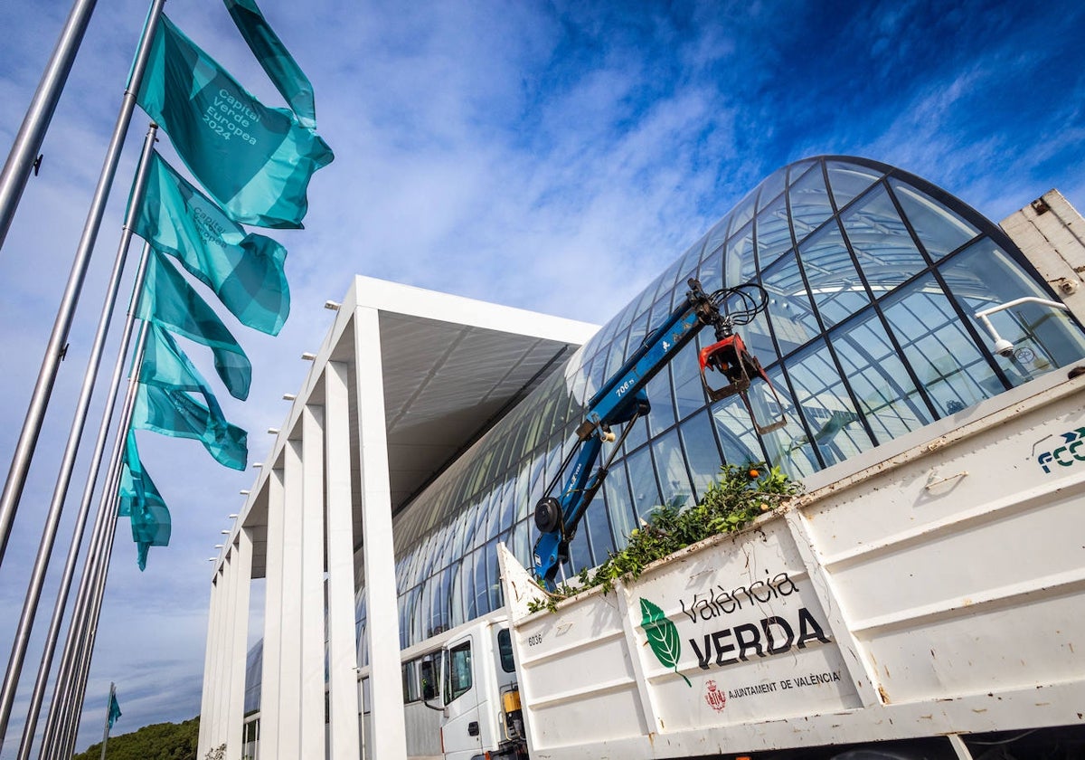 Banderas instaladas junto al Palau de la Música para ce,ebrar el acto inaugural de la Capitalidad Verde Europea.