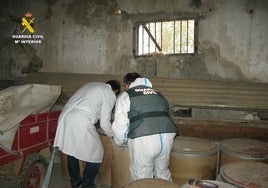 Un guardia civil y un técnico inspeccionan el almacén.