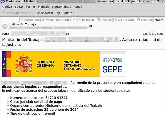 Correo electrónico que suplanta al SEPE y que es un fraude.