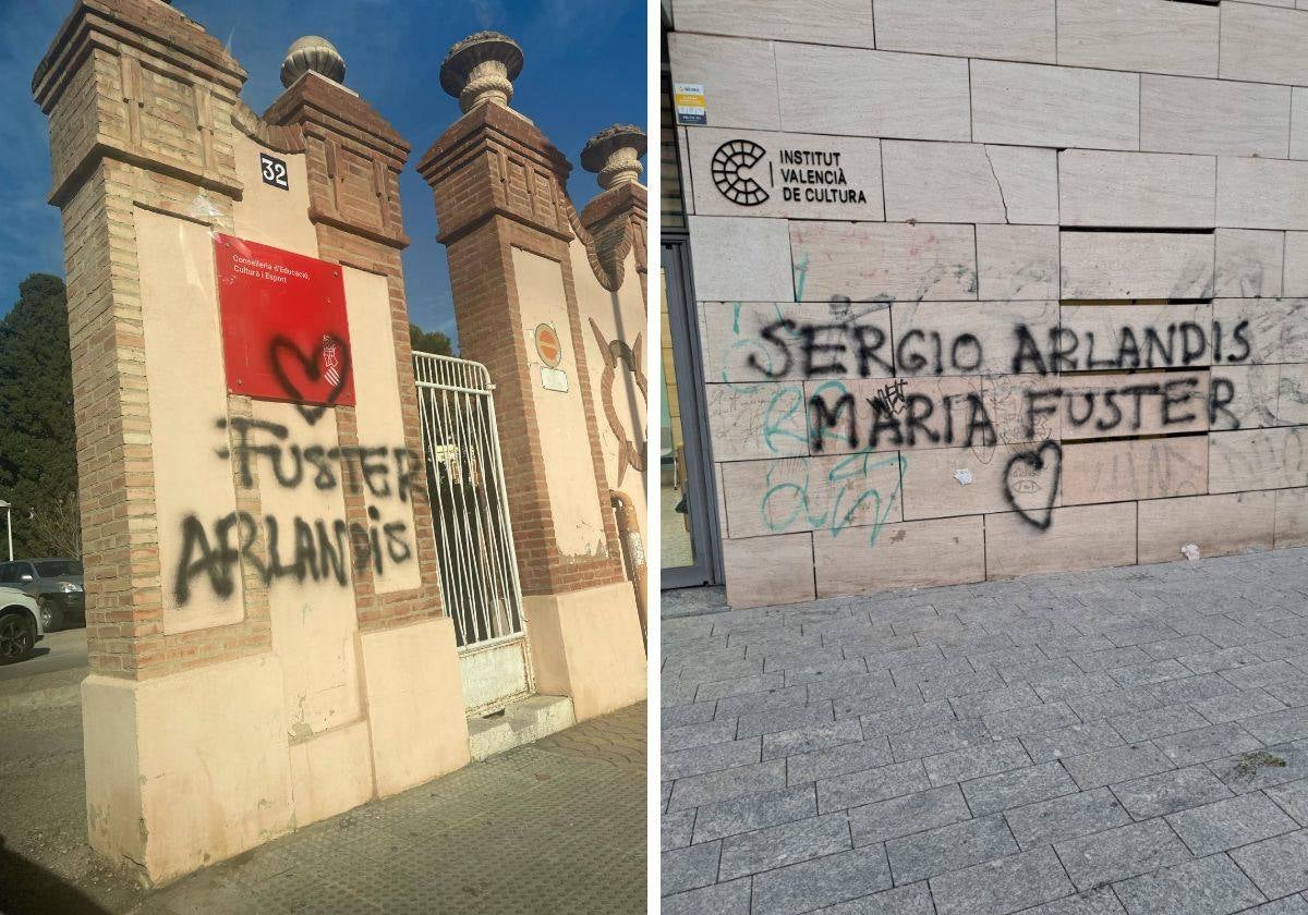 Las pintadas tanto en la sede de la Conselleria en Campanar como en el Institut Valencià de Cultura.