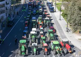 La columna de tractores, en la ciudad de Valencia.