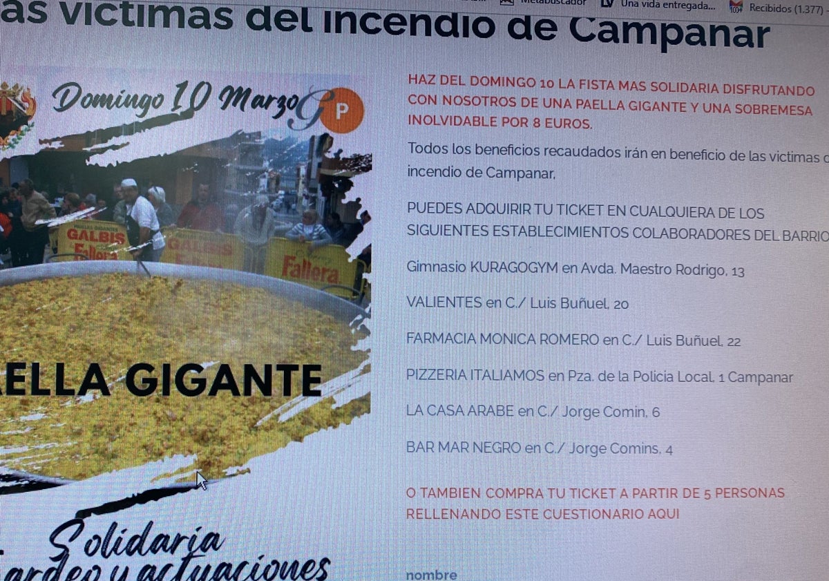 Imagen principal - Cartel de la paella solidaria con los establecimientos donde se pueden comprar las raciones y concurso de paellas de La Nova de Campanar, el pasado año.