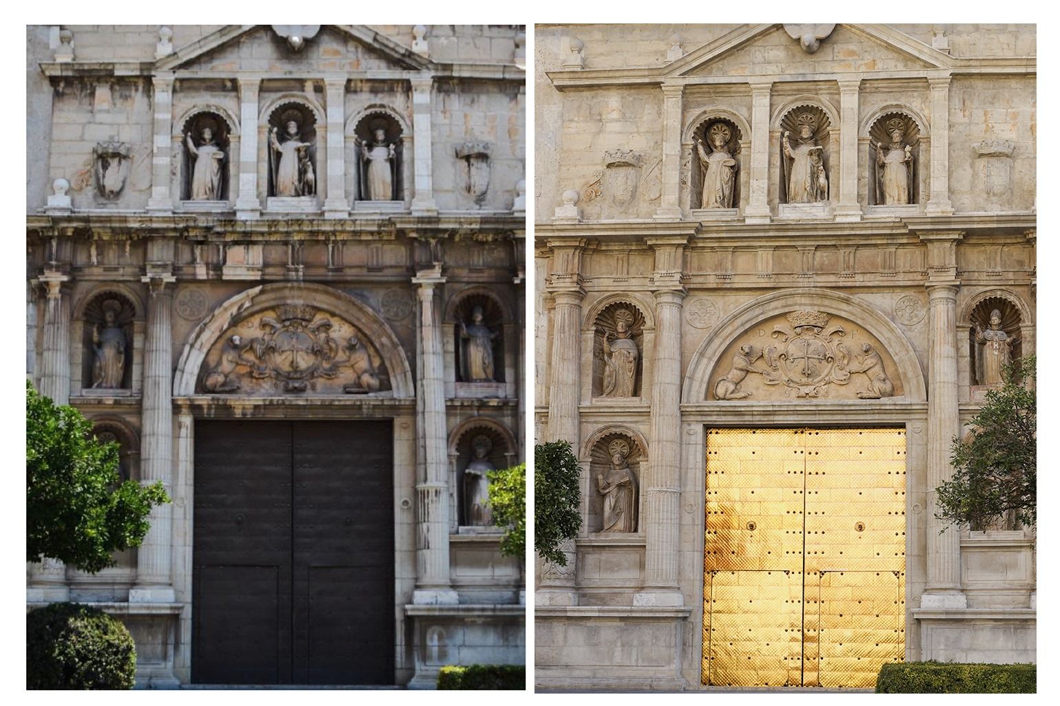 El antes y el después de la fachada de la iglesia de Santo Domingo.