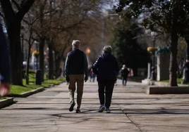 Unos jubilados pasean por un parque.