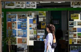 Una joven observa anuncios de alquileres en una inmobiliaria.