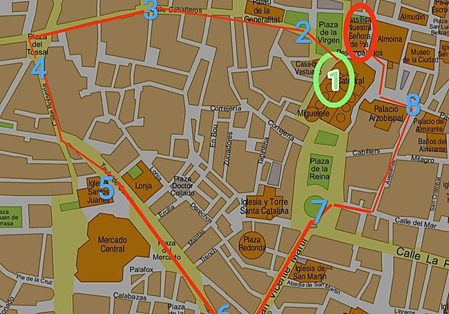 División del recorrido de la procesión de la Virgen para los siete relevos.