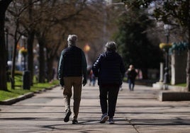 Una pareja de jubilados pasea por un parque en una imagen de archivo.