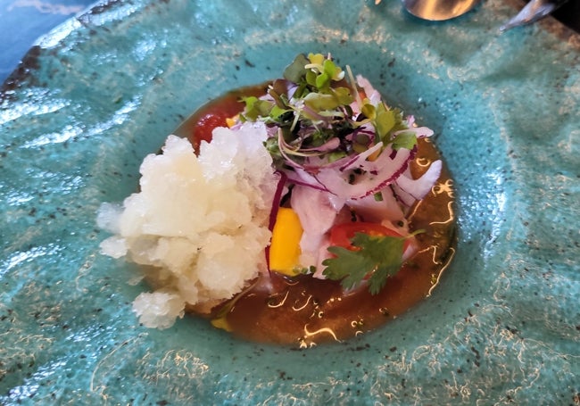 Caviche de corvina con granizado de agua de Valencia.