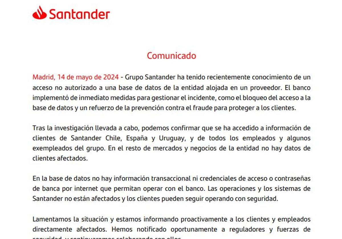 El comunicado del Satander.