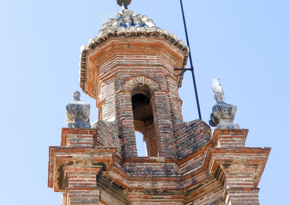 Imagen secundaria 1 - Tejas de la cúpula, campanario y Luis Tatay, responsable de patrimonio de Escuelas Pías, señalando el campanario.