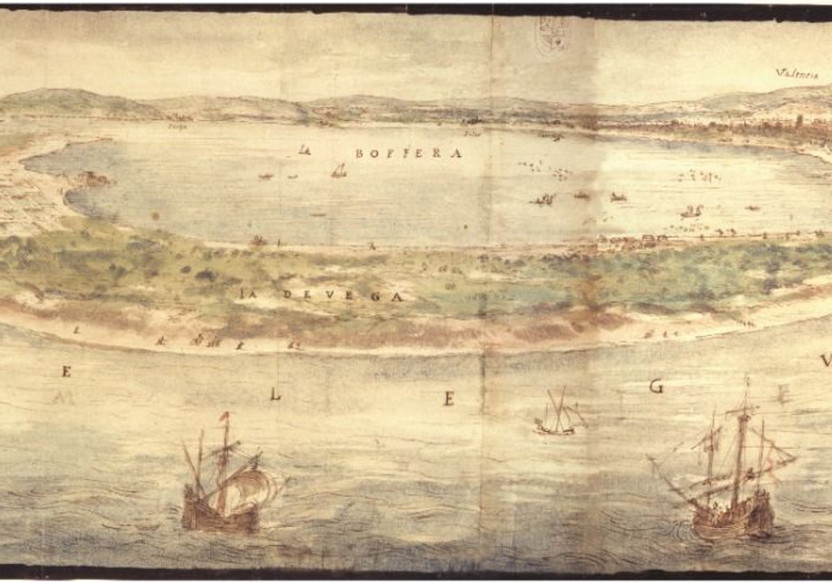 Dibujo de la Albufera del dibujante Anthonis van den Wijngaerde, del s. XVI.